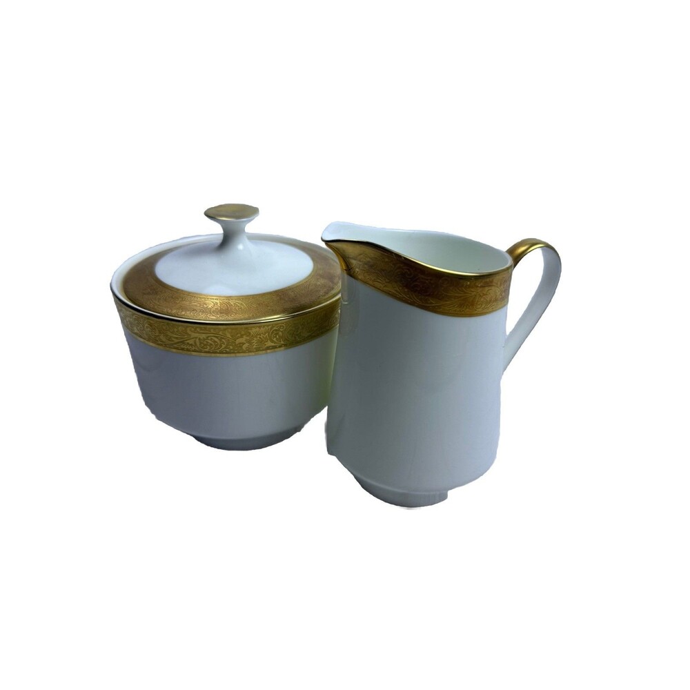 Mikasa HARROW Bone China Covered Sugar and Creamer Embossed Gold Band Scroll